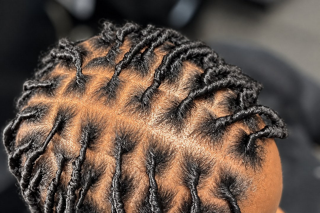 Fresh starter locs with a neat grid parting